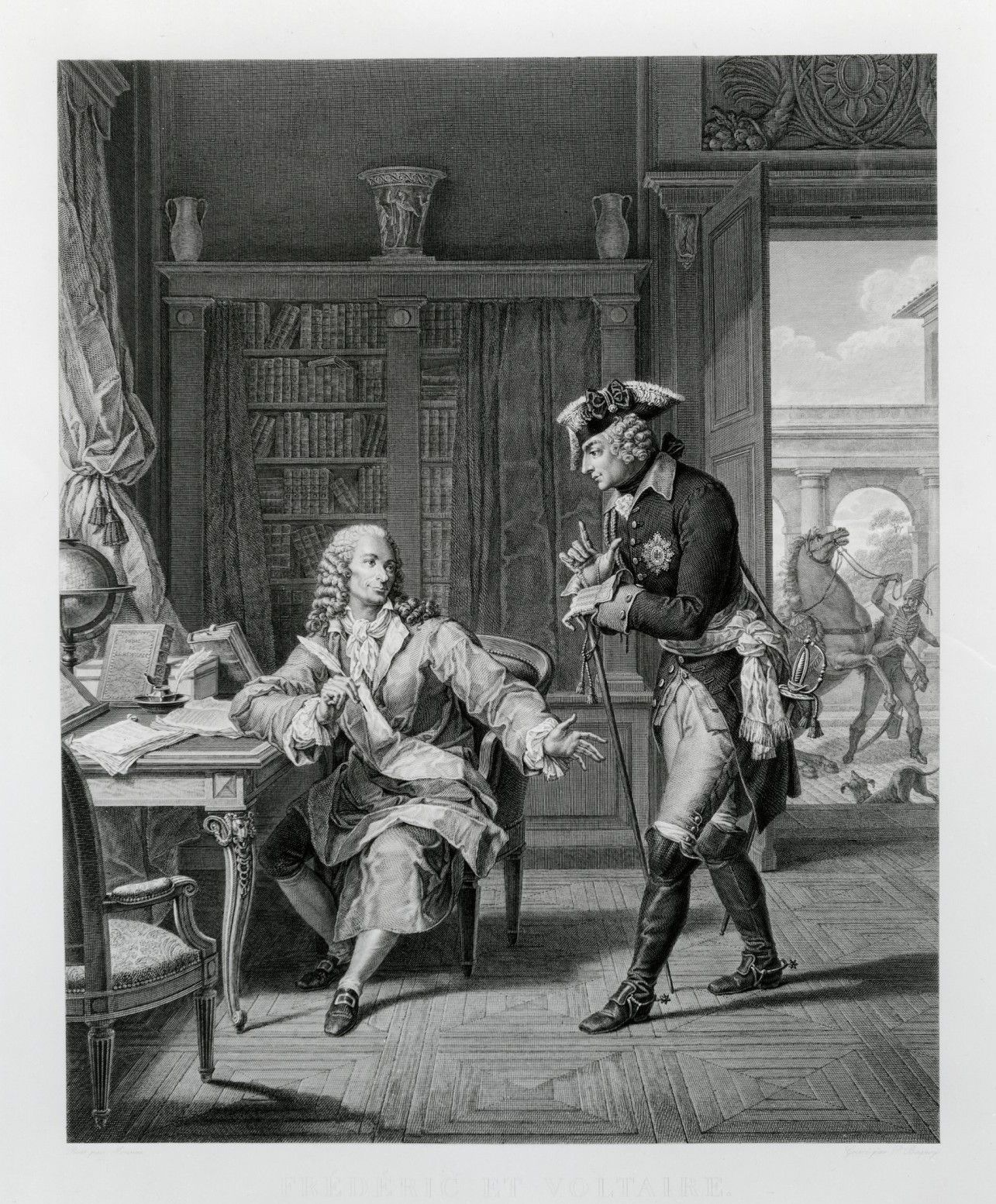 Kupferstich Friedrich und Voltaire um 1800