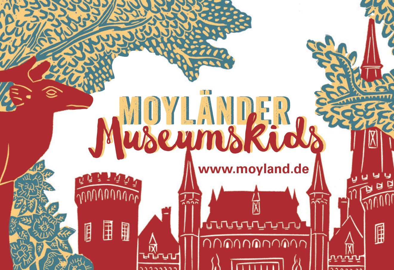 Zeichnung des Schlosses in rot-grün-gelb mit Schriftzug Moyländer Museumskids